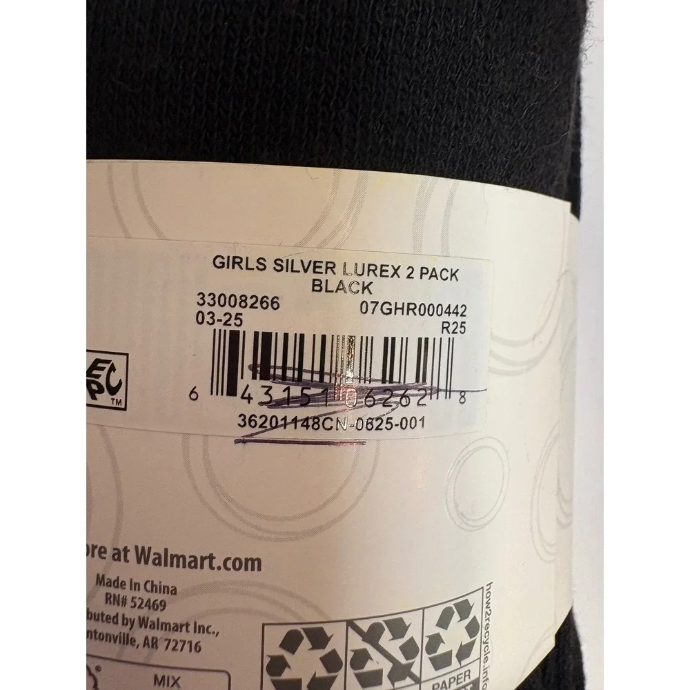 Wonder Nation Girls Heavyweight Footed Tights 2 Pack Black Silver Size M‎ 7-10